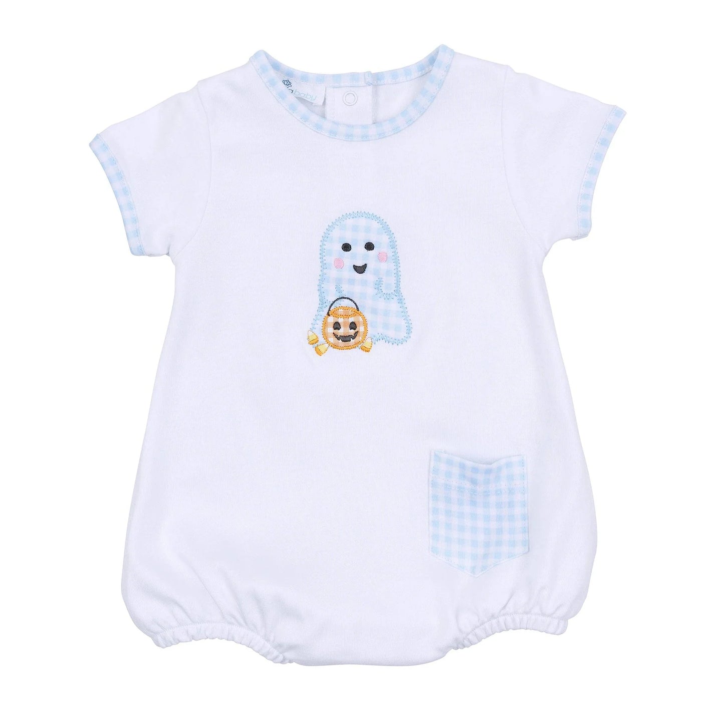 Magnolia Baby Boo Crew Applique Ruffle Short Sleeve Bubble Blue