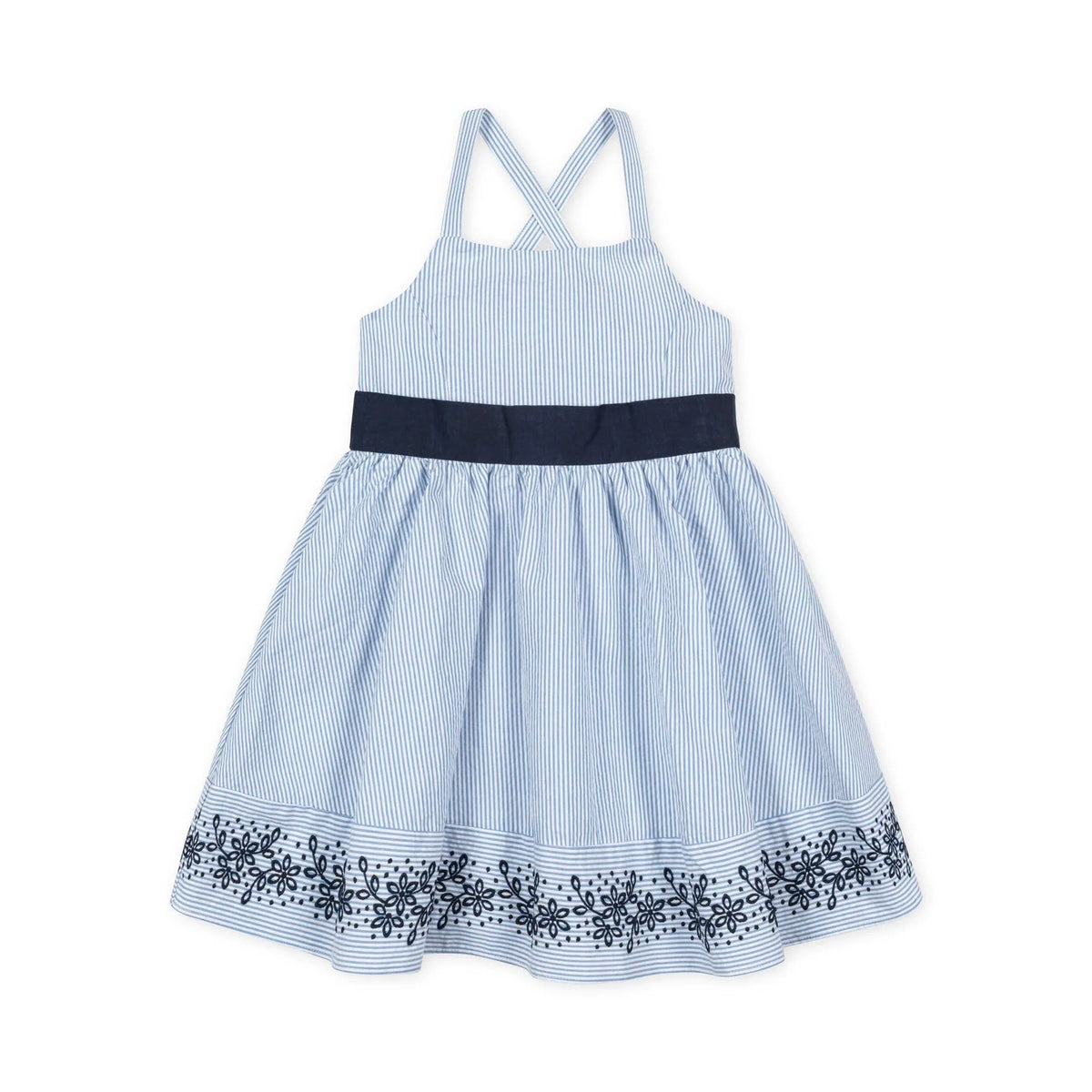 Hope and Henry Embroidered Sundress--Blue Seersucker