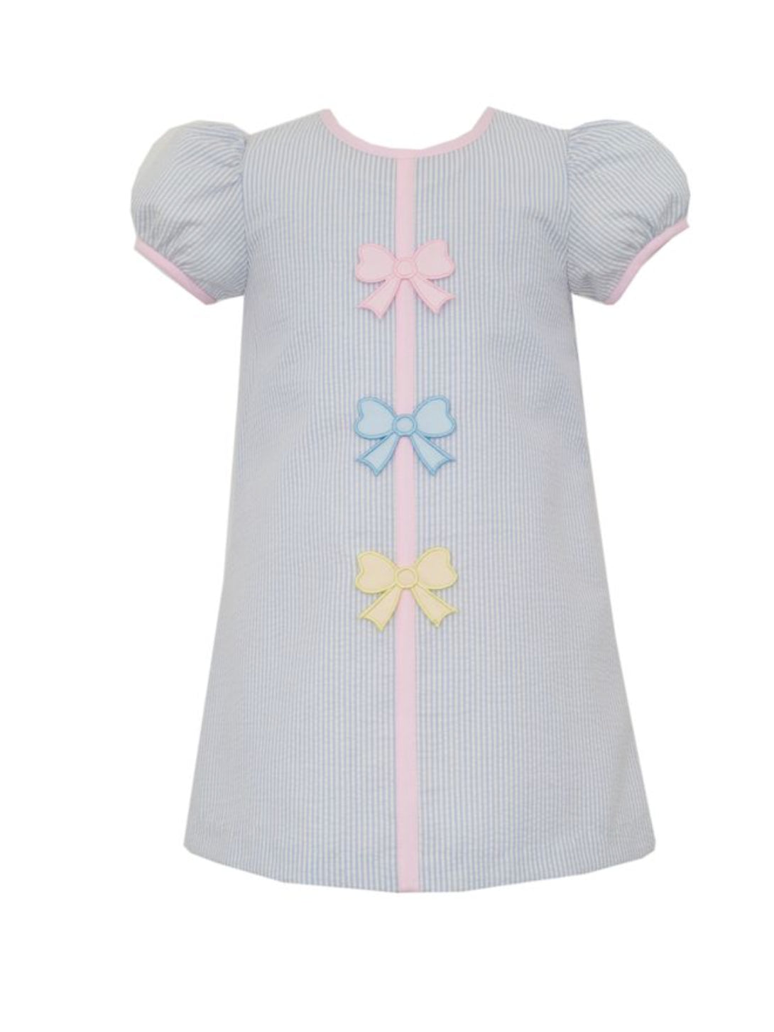 Claire and Charlie Pastel Bows Light Blue Seersucker Dress