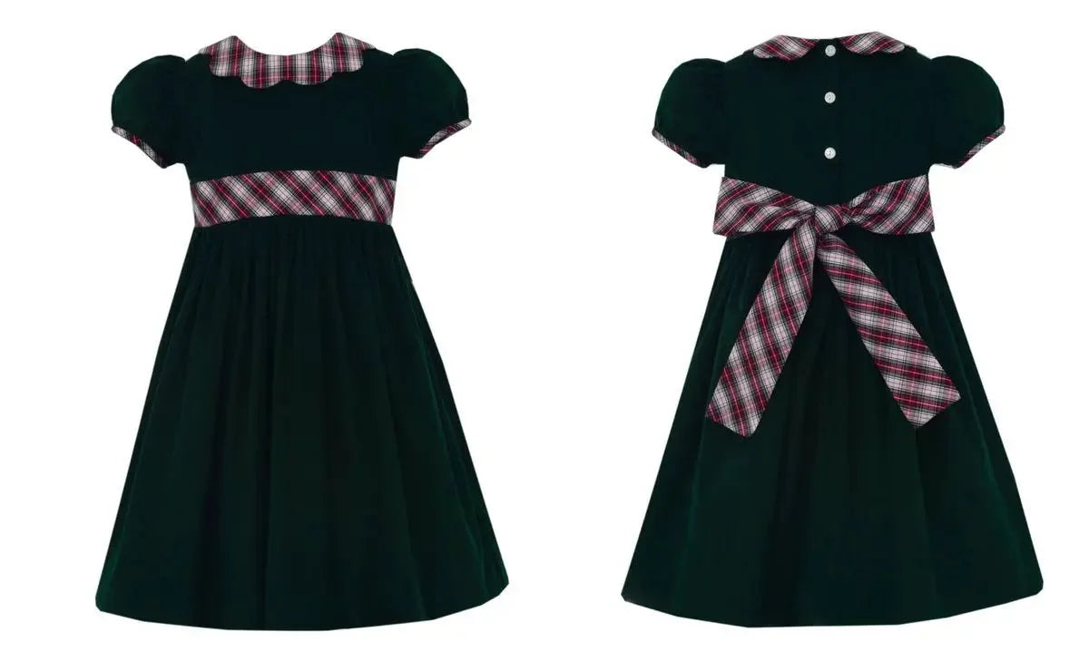 Claire and Charlie Green Corduroy Dress with Red & White Plaid Scalloped Collar and Sash