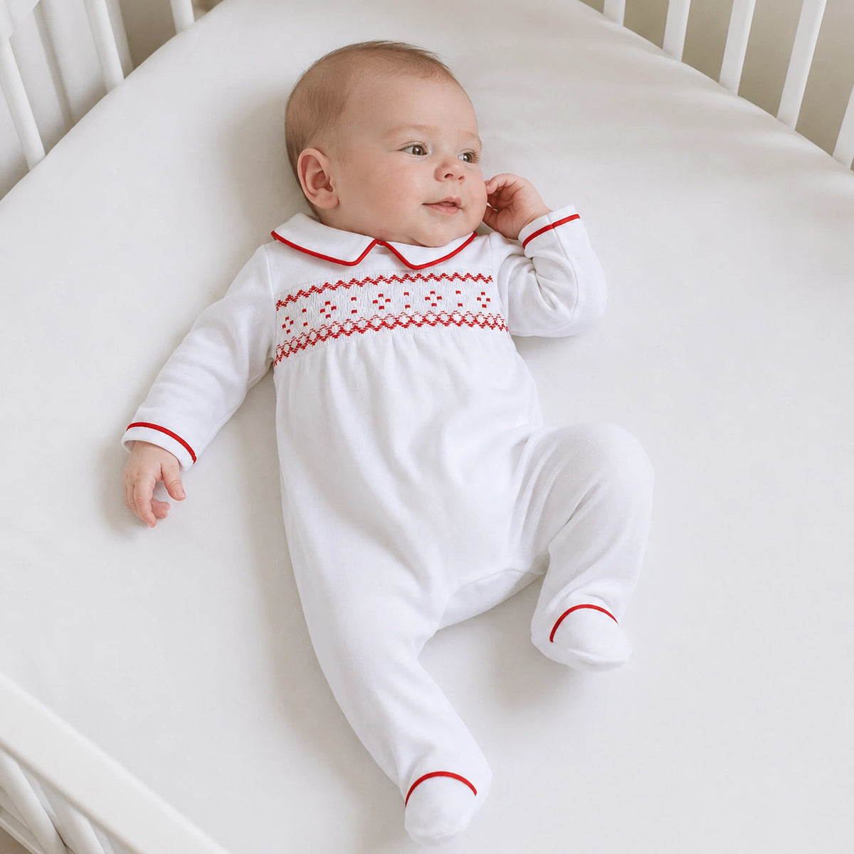 Magnolia Baby Henry Smocked Footie--White/Red
