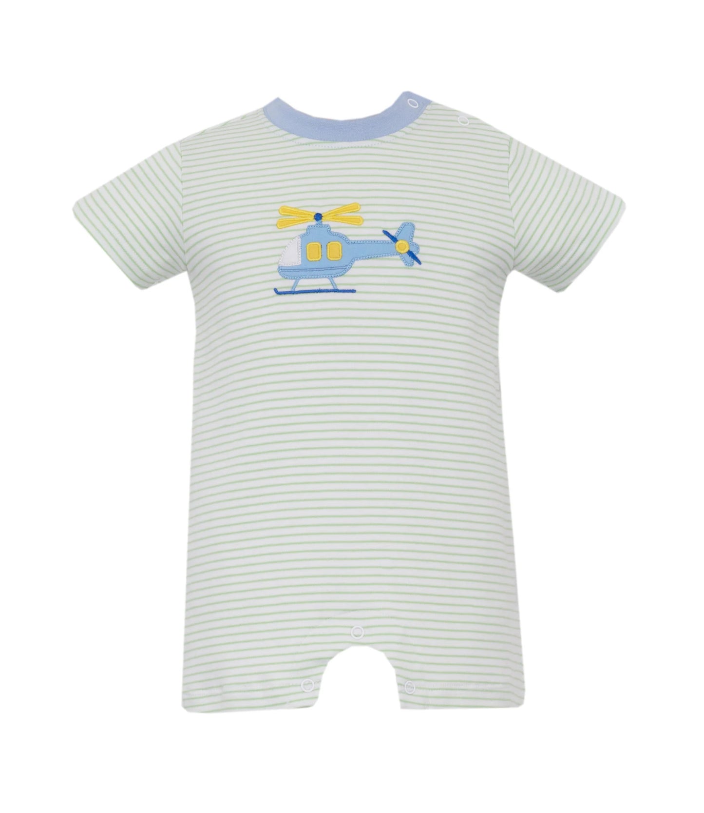 Claire and Charlie Helicopter Light Green Striped Boy's Romper