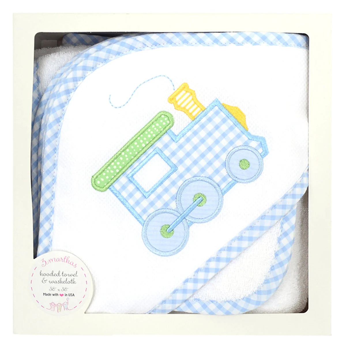 3 Marthas Train Applique Hooded Towel and Washcloth Set