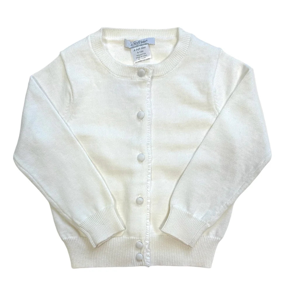 A Soft Idea Cardigan with Ruffle Placket & Covered Buttons--Ivory