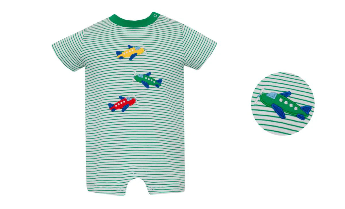 Claire and Charlie Airplane Green Striped Knit Boy's Romper