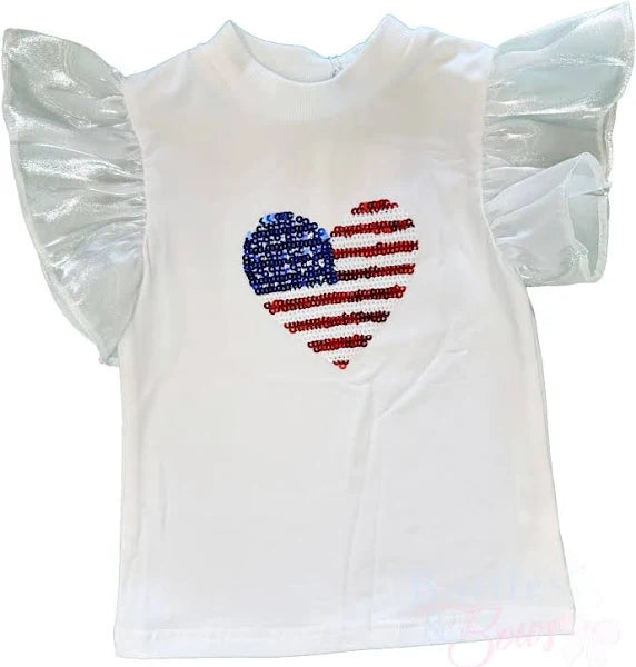 LuLu BeBe White USA Sequin Flutter Sleeve Shirt