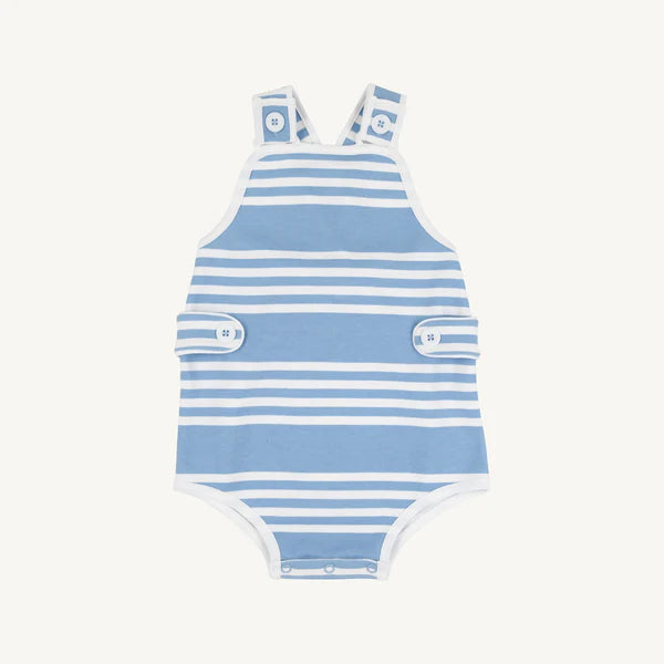 Beaufort Bonnet Skipper Sunsuit--Saddle Ridge Stripe (Sarasota Sky)/Worth Ave White