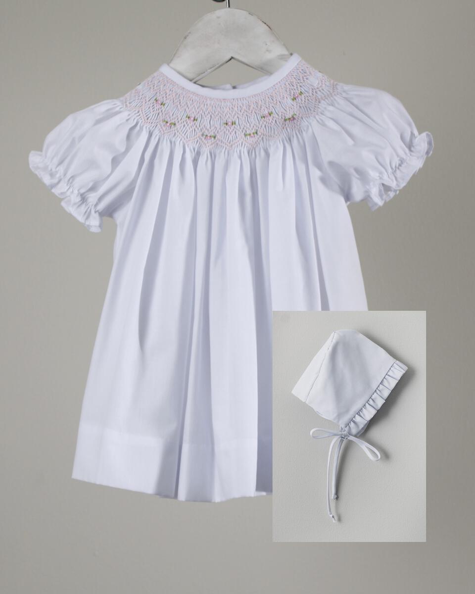 Baby Blessings White Geometric Iris Dress with Bonnet