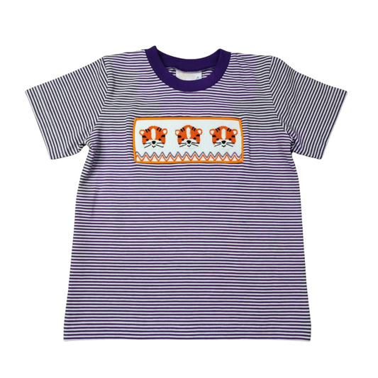 Whimsy Bay Clemson Orange & Purple Tiger Smocked Shirt