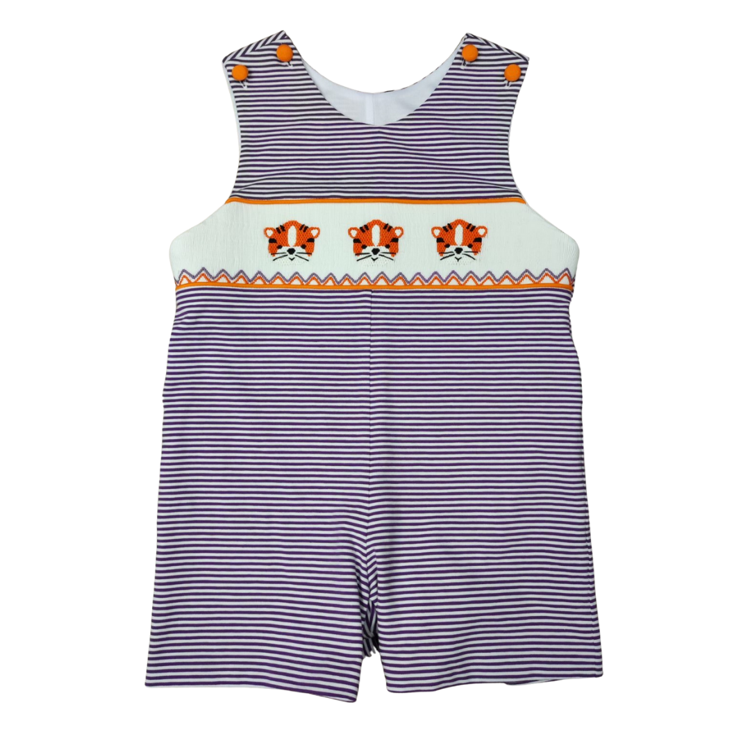 Whimsy Bay Clemson Orange & Purple Tiger Smocked Shortall