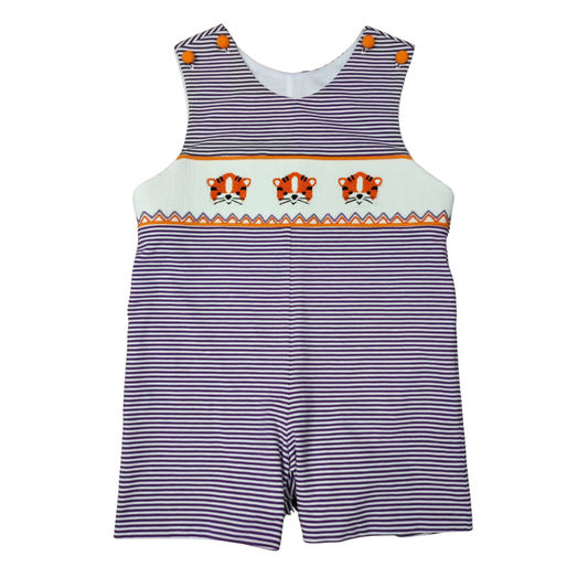 Whimsy Bay Clemson Orange & Purple Tiger Smocked Shortall