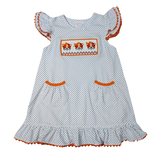 Whimsy Bay Clemson Orange & Purple Tiger Smocked Faye Flutter Dress