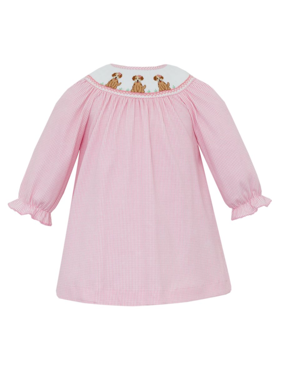 Petit Bebe Girls Puppies Pink Knit Check Long Sleeve Bishop Dress