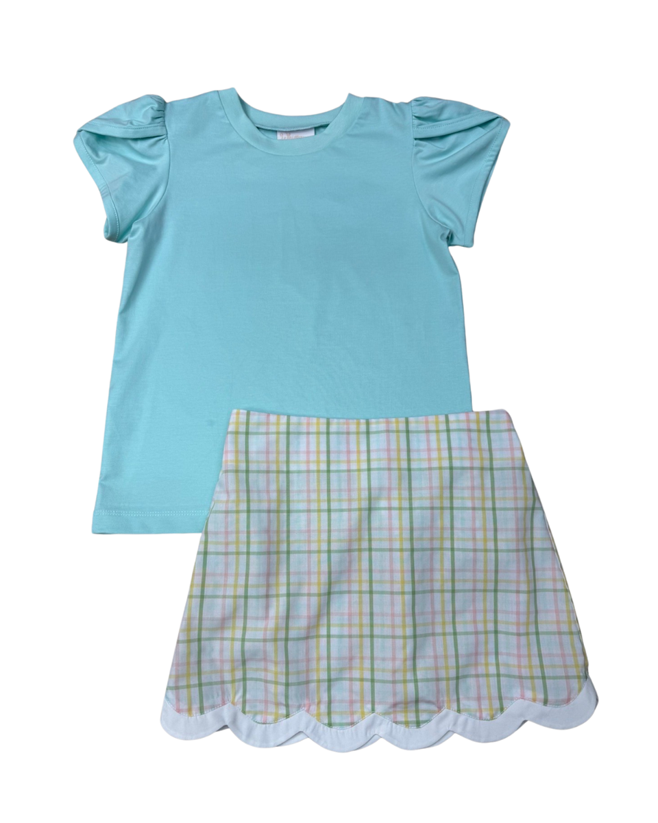 Whimsy Bay Pastel Prep Plaid Scalloped Skirt Set