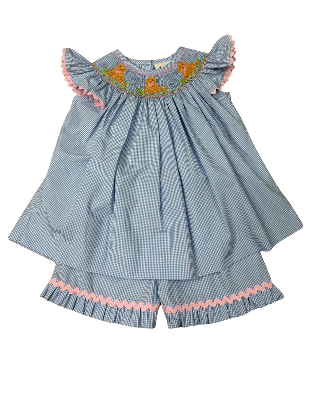 Delaney Girls Blue Check Smock Sweet Dogs Angel Wing Bishop Short Set