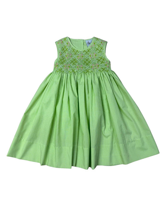 Delaney Girls Apple Green Gingham Fully Smock Bodice Pink Floral Dress