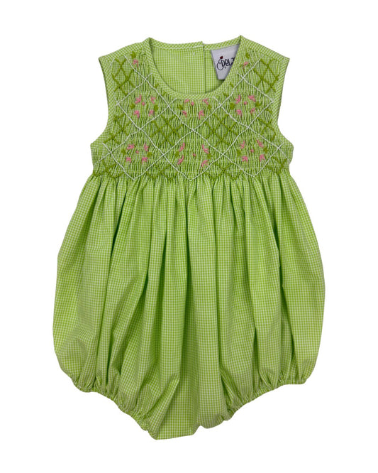 Delaney Girls Apple Green Gingham Fully Smock Bodice Pink Floral Bubble