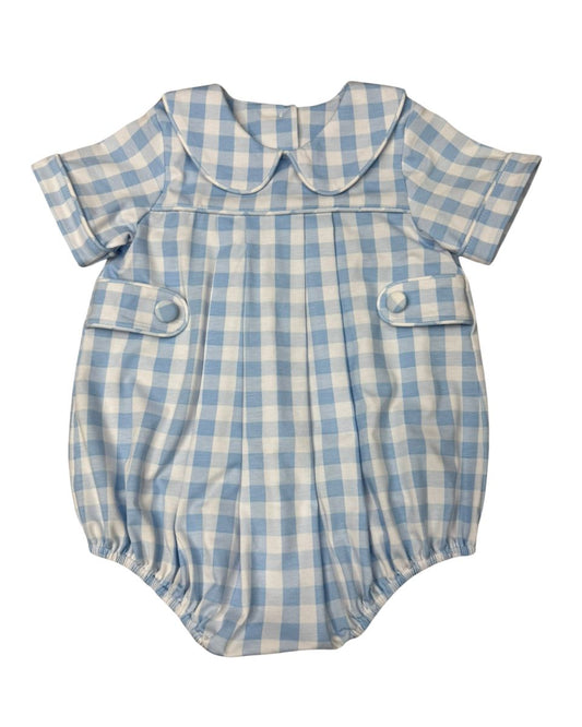 Delaney Boys Blue White Check Piped Tab Short Romper