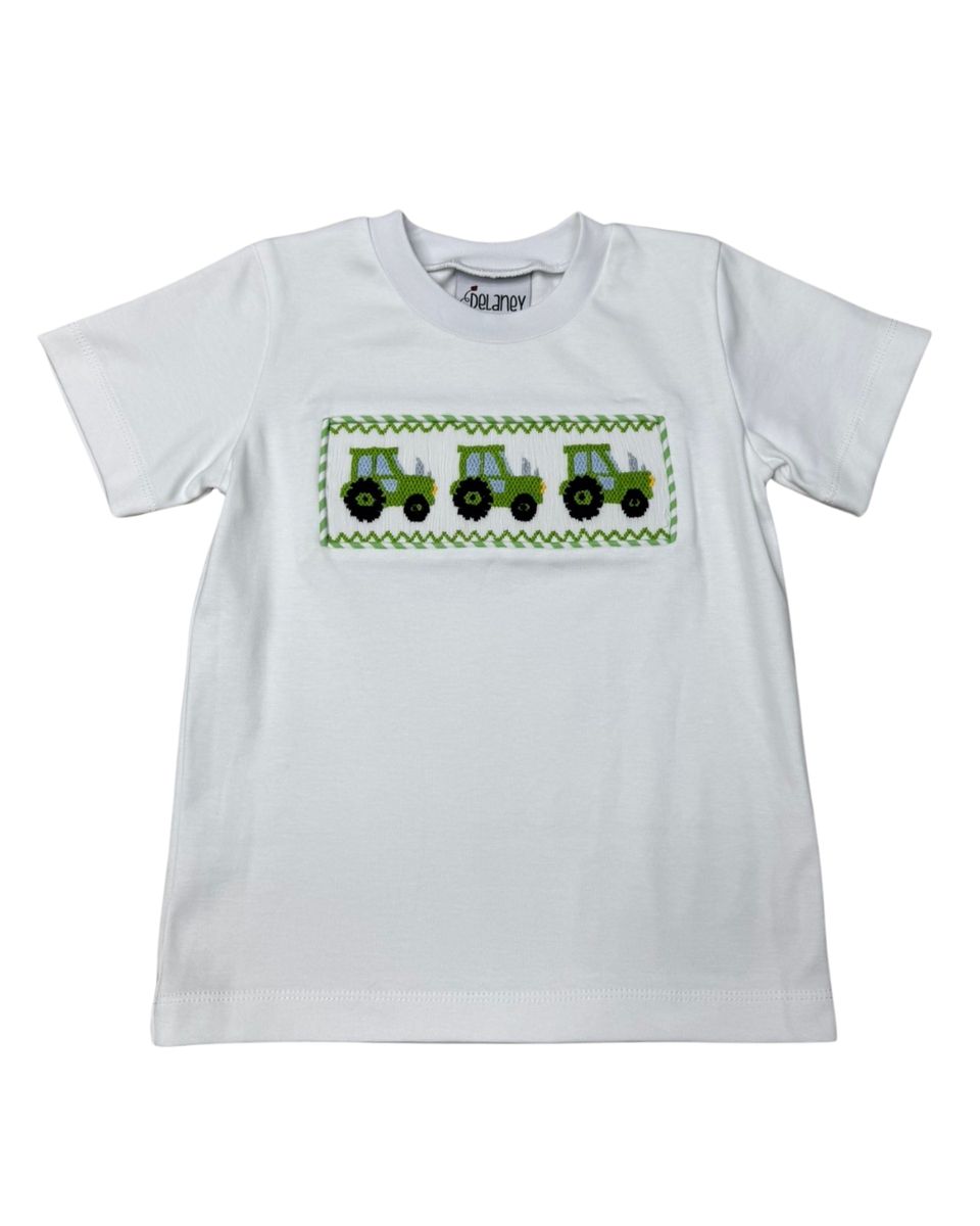Delaney Boys Smocked Tractor White Knit Shirt