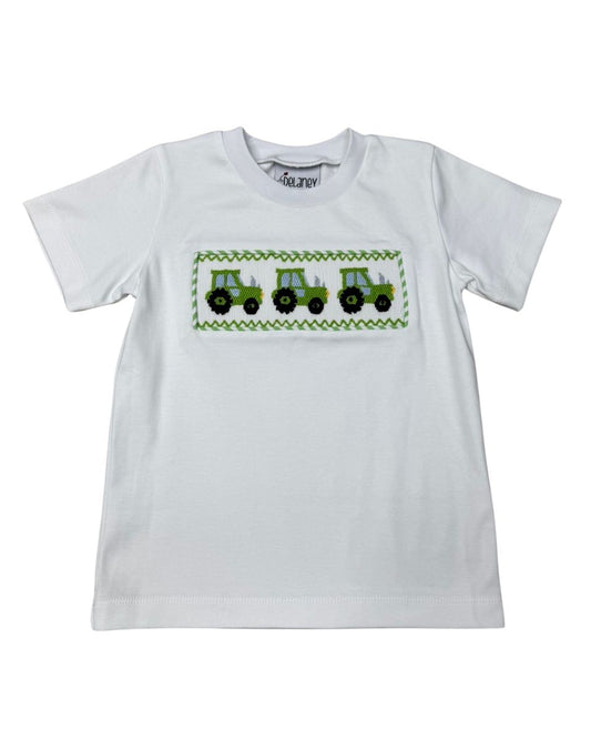 Delaney Boys Smocked Tractor White Knit Shirt