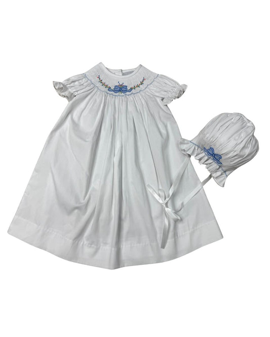 Delaney Girls White Short Sleeve Smocked Blue Bow Daygown