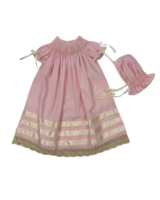 Delaney Pink Batiste Smocked Ecru Cross/Bonnet Set