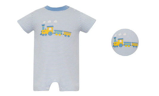 Claire and Charlie Train Small Blue Striped Boy's Romper