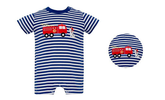 Claire and Charlie Firetruck Royal Blue Striped Knit Boy's Romper