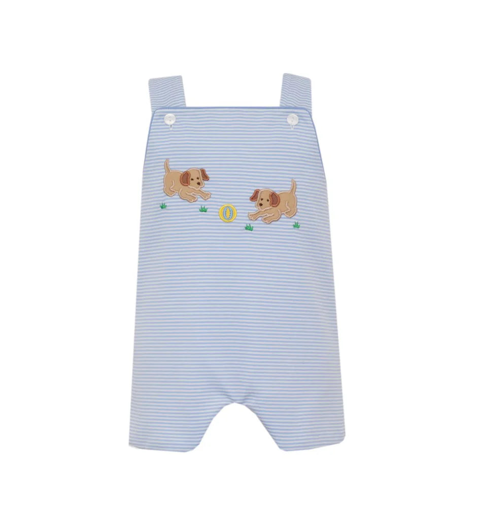 Claire and Charlie Light Blue Stripe Garden Puppies Appliqued Jon Jon