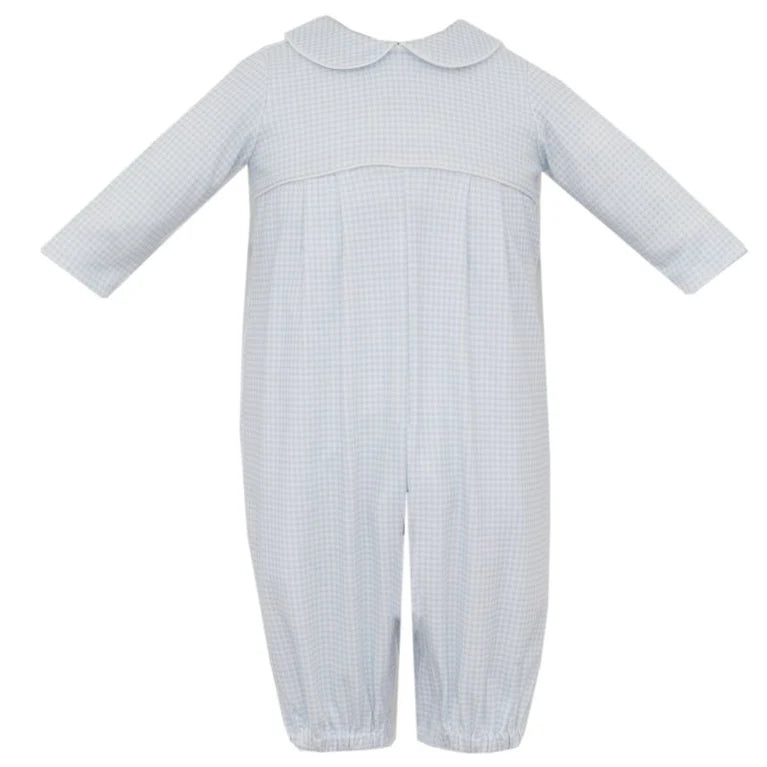 Petit Bebe Light Blue Gingham Knit Boys Long Sleeve Romper