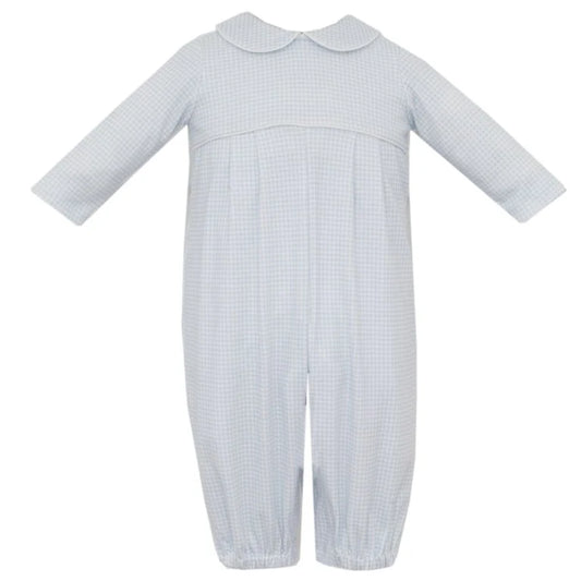 Petit Bebe Light Blue Gingham Knit Boys Long Sleeve Romper