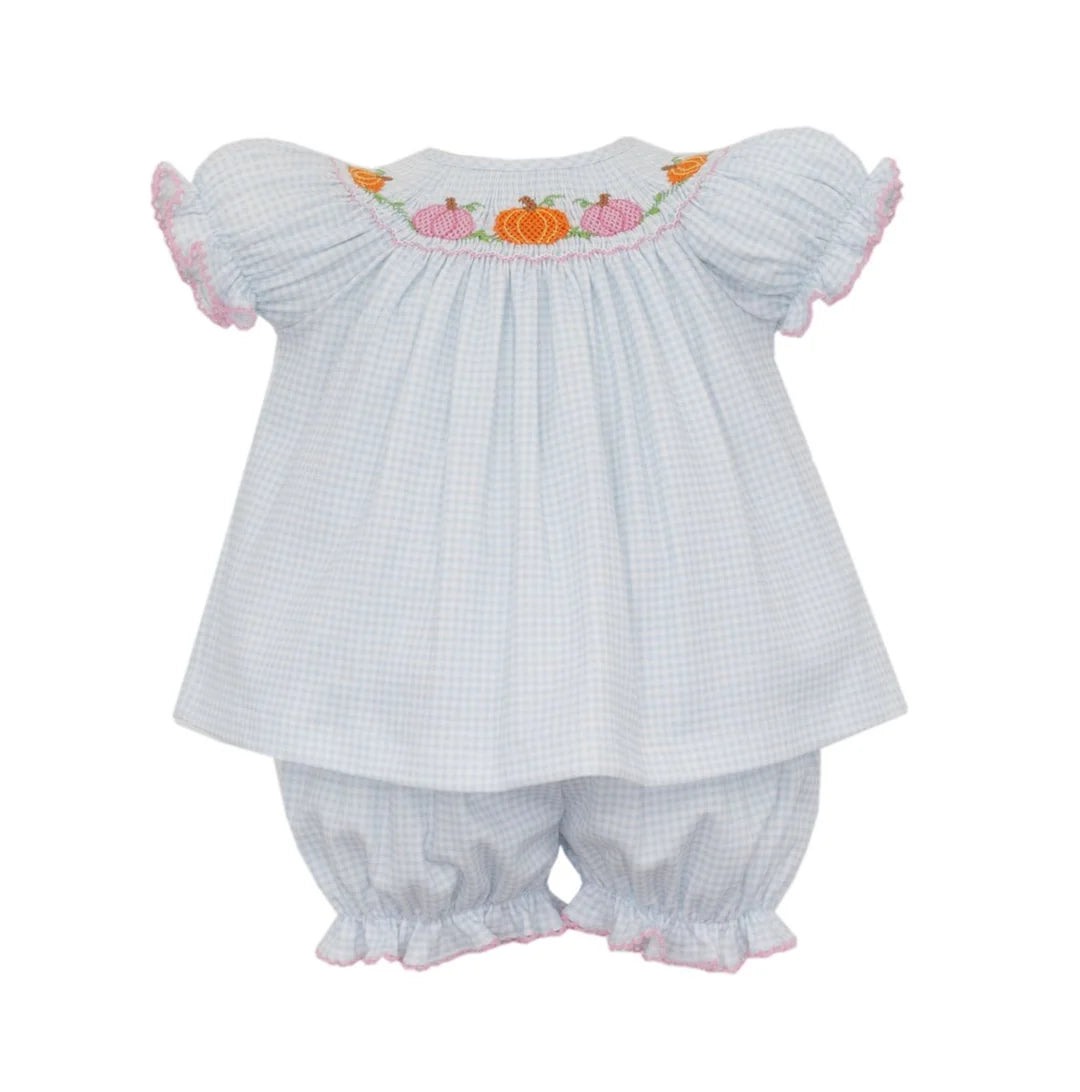 Petit Bebe Pumpkin Girls Blue Gingham Knit Bishop Set