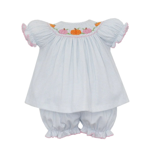 Petit Bebe Pumpkin Girls Blue Gingham Knit Bishop Set