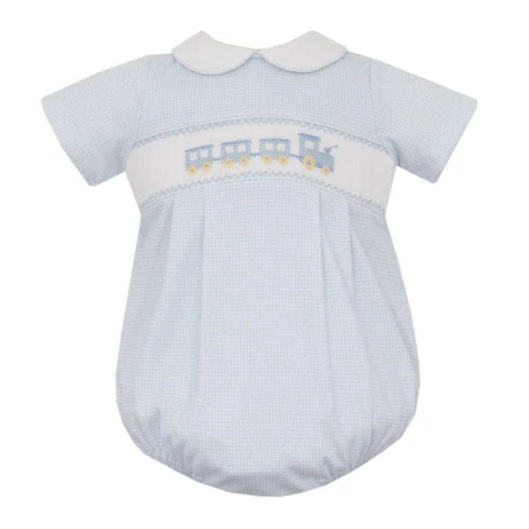 Petit Bebe Train Blue Check Knit Short Bubble