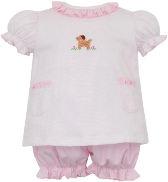 Petit Bebe Puppies Girl's Pink Knit Stripe Short Sleeve Bloomer Set