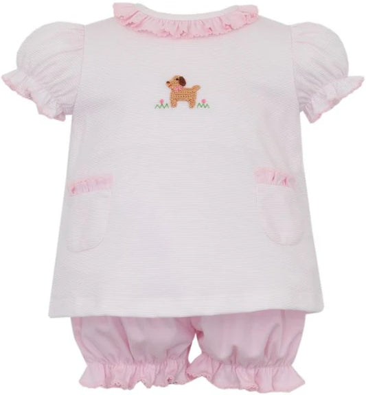 Petit Bebe Puppies Girl's Pink Knit Stripe Short Sleeve Bloomer Set