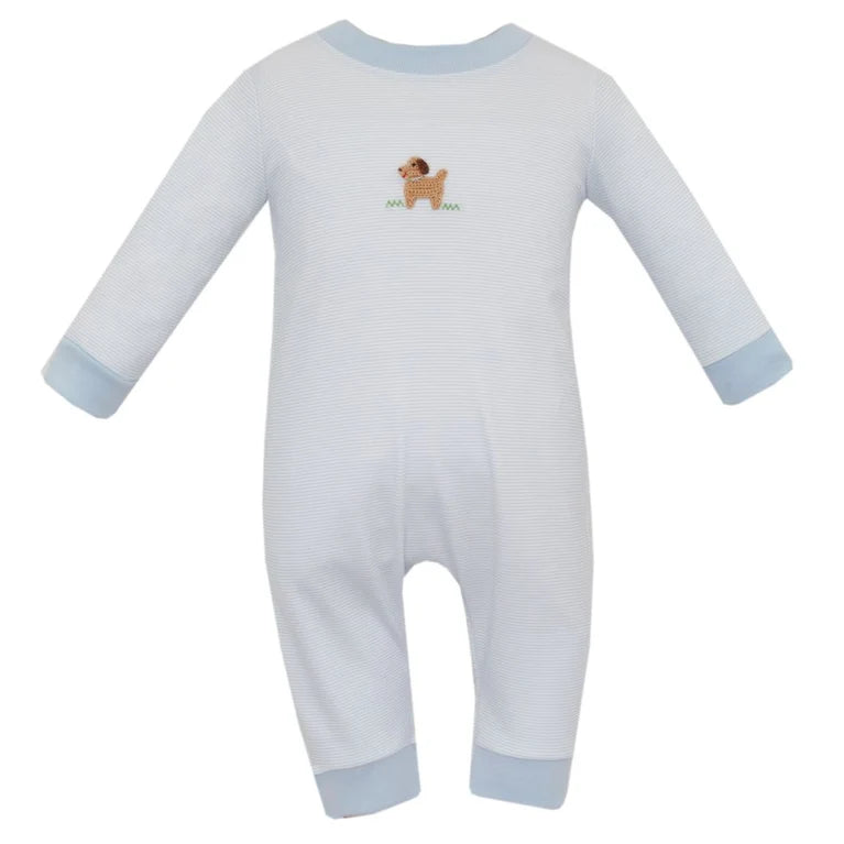 Petit Bebe Puppies Light Blue Knit Striped Long Romper