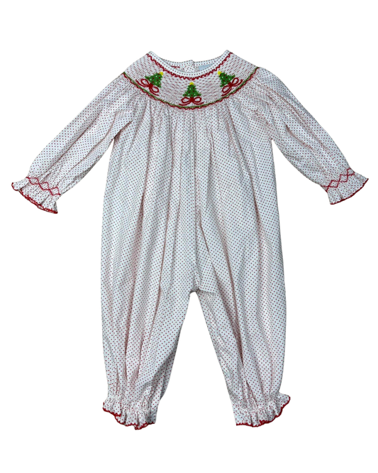 Delaney White Long Sleeve Smocked Christmas Tree Bishop Romper