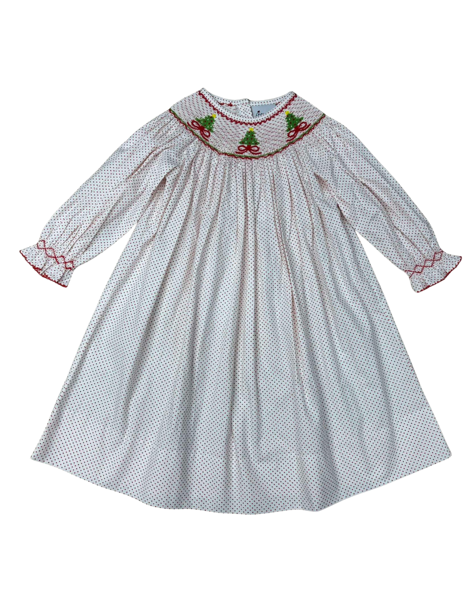 Delaney White Long Sleeve Smocked Christmas Tree Bishop Dress