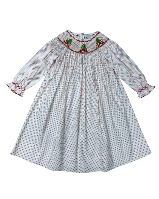 Delaney White Long Sleeve Smocked Christmas Tree Bishop Dress