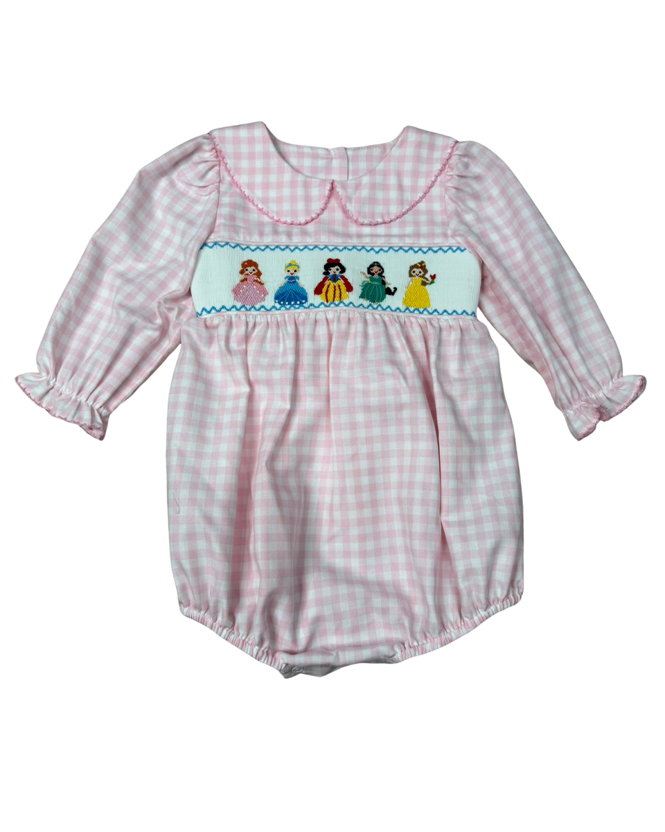 Delaney Pink and White Checked Smocked Princess Bubble