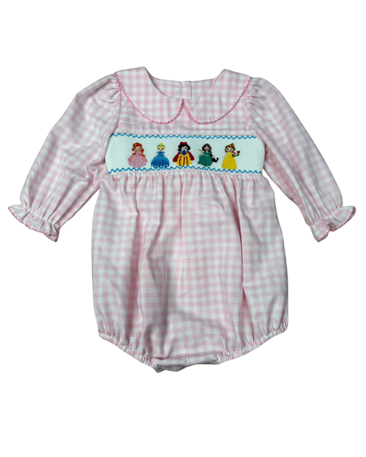 Delaney Pink and White Checked Smocked Princess Bubble