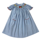 Delaney Light Blue Mini Check Smocked Farm Animals Short Sleeve Bishop Dress