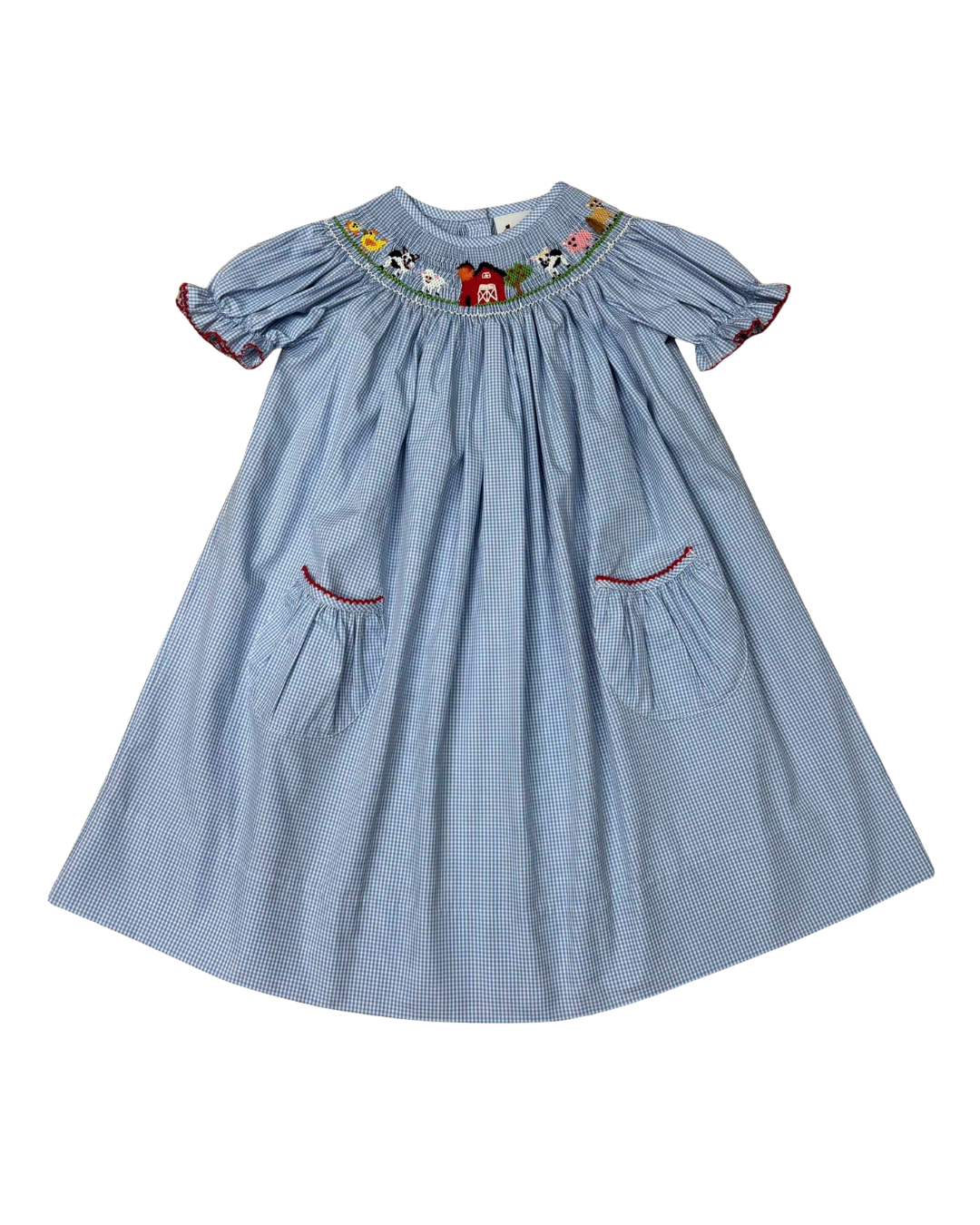 Delaney Light Blue Mini Check Smocked Farm Animals Short Sleeve Bishop Dress