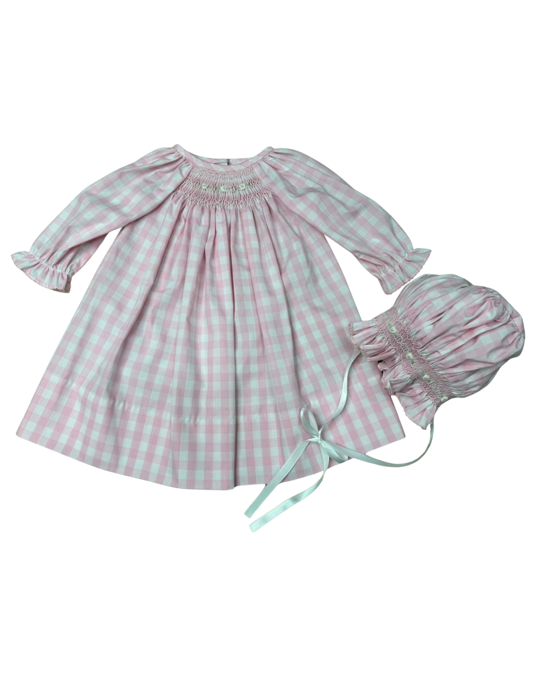 Delaney Girls Pink Check Smocked Front Daygown and Bonnet