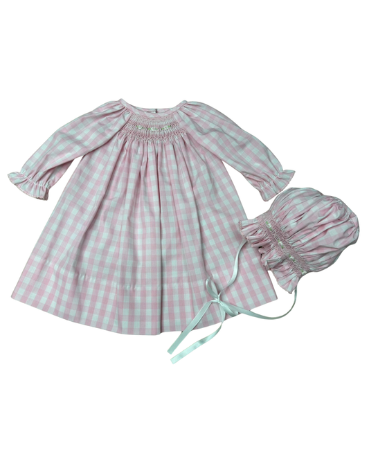 Delaney Girls Pink Check Smocked Front Daygown and Bonnet