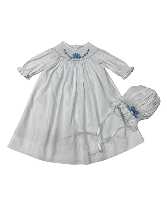 Delaney White with Smocked Blue Bow Daygown and Bonnet