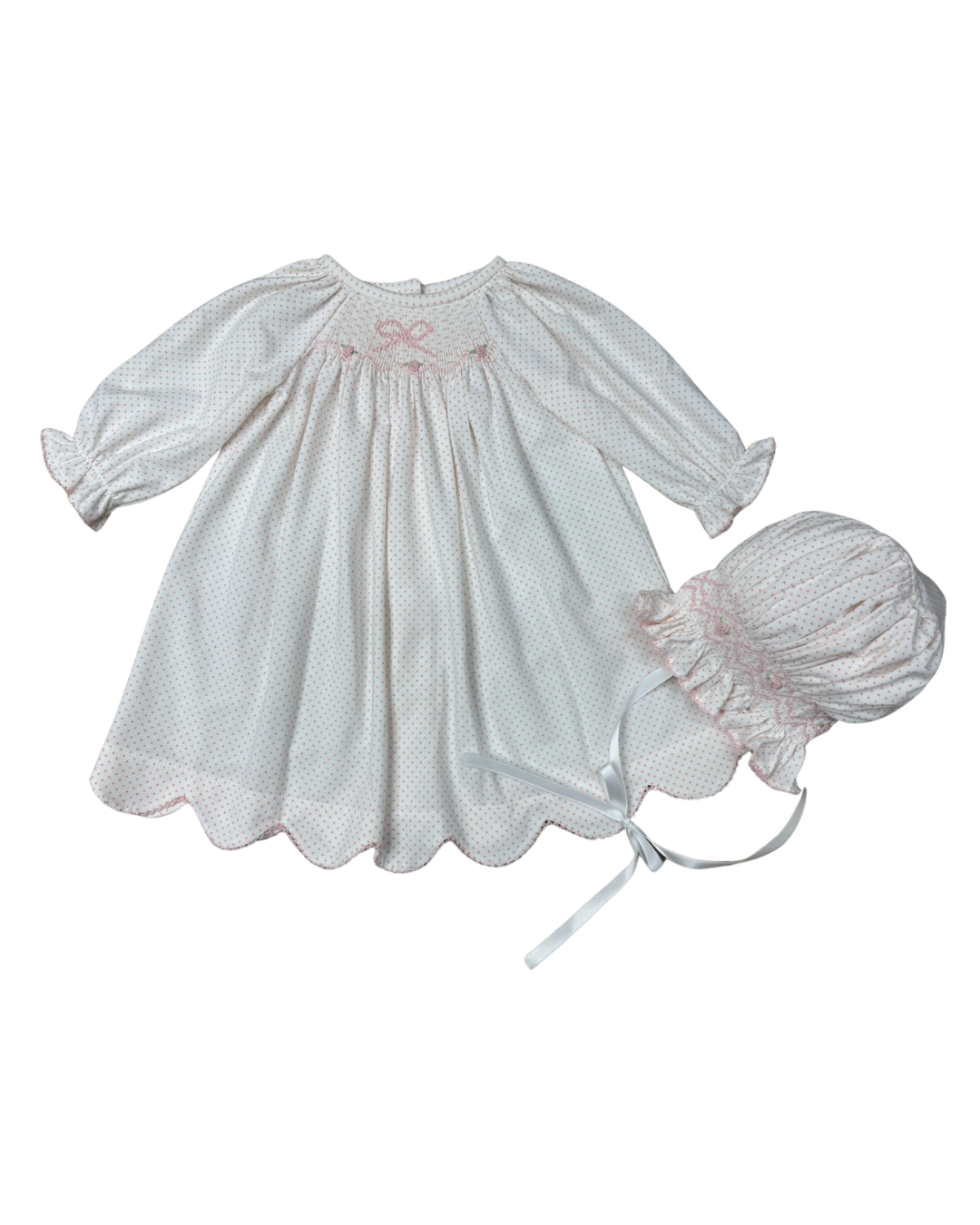 Delaney Pink Dot Long Sleeve Smocked Bow Daygown and Bonnet
