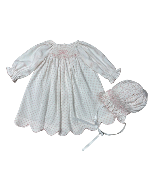 Delaney Pink Dot Long Sleeve Smocked Bow Daygown and Bonnet