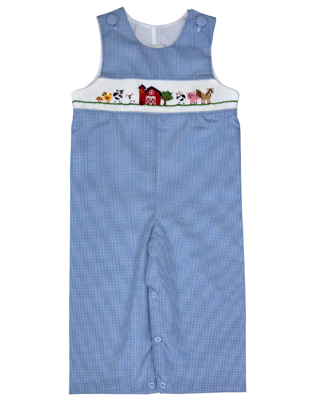 Delaney Boys Long Jon Jon Light Blue Check Smocked Farm Animals and Barn